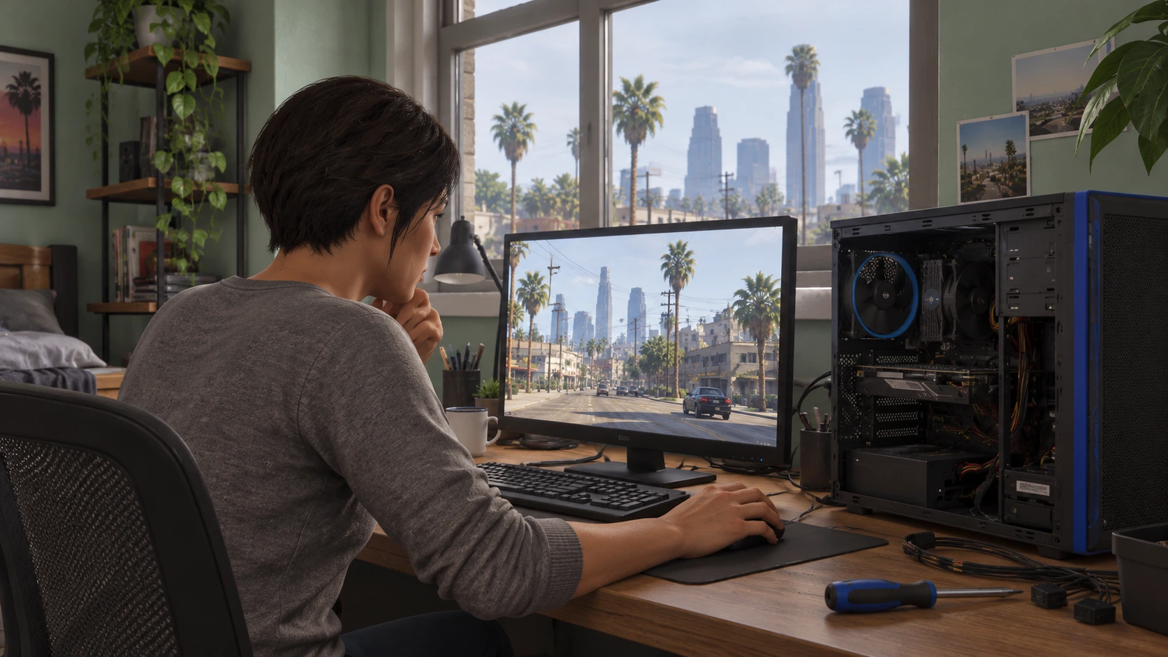 Een speelster controleert haar desktopcomputer naast een monitor