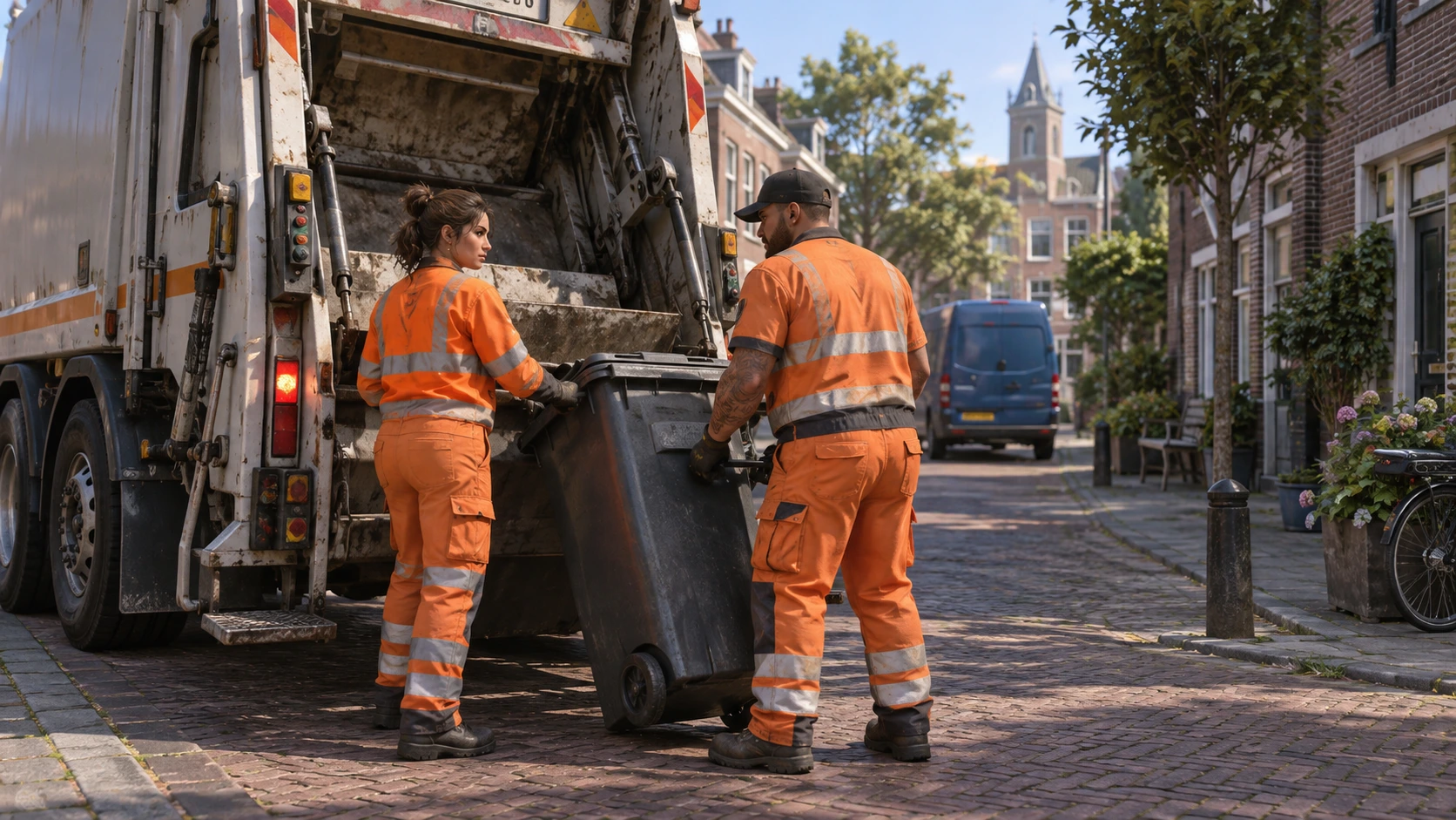 Een medewerkster en collega laden een afvalcontainer in een vuilniswagen