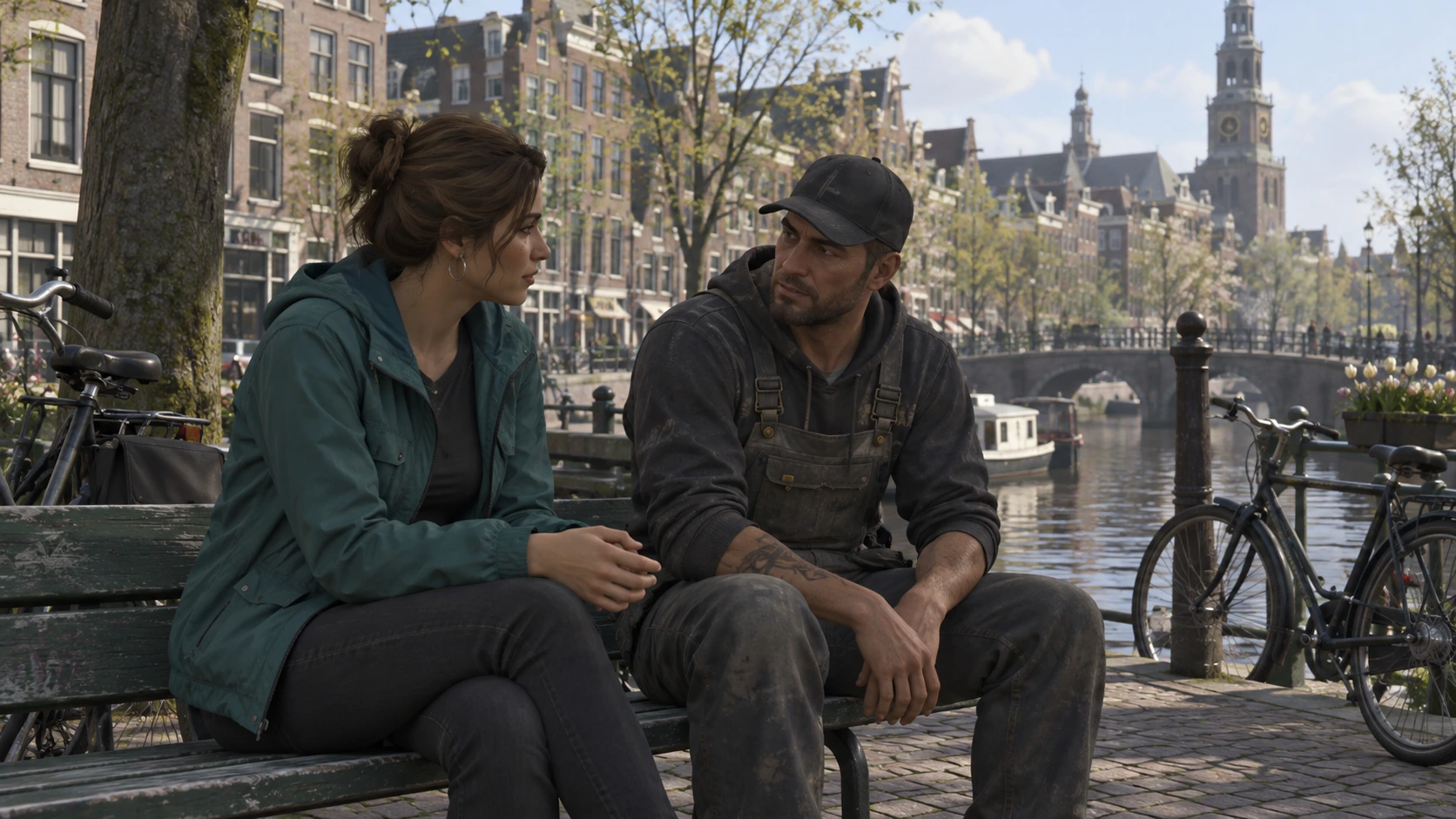 Twee inwoners voeren een rustig gesprek op een bankje aan het water