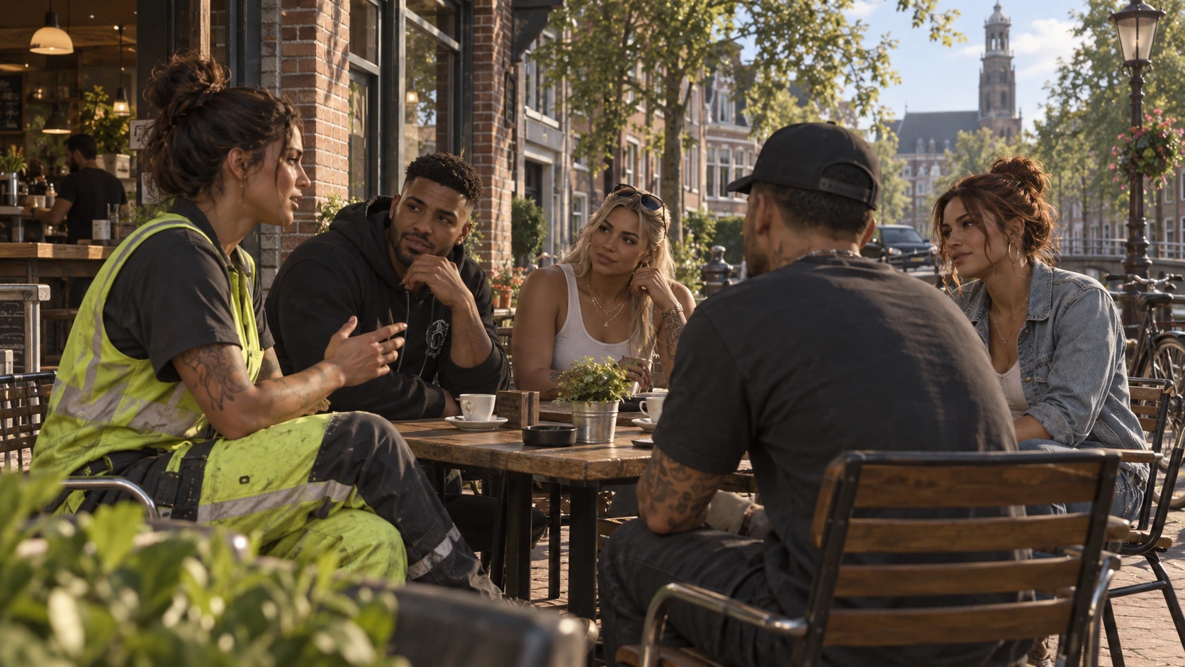 Inwoners in werk- en vrijetijdskleding praten op een caféterras
