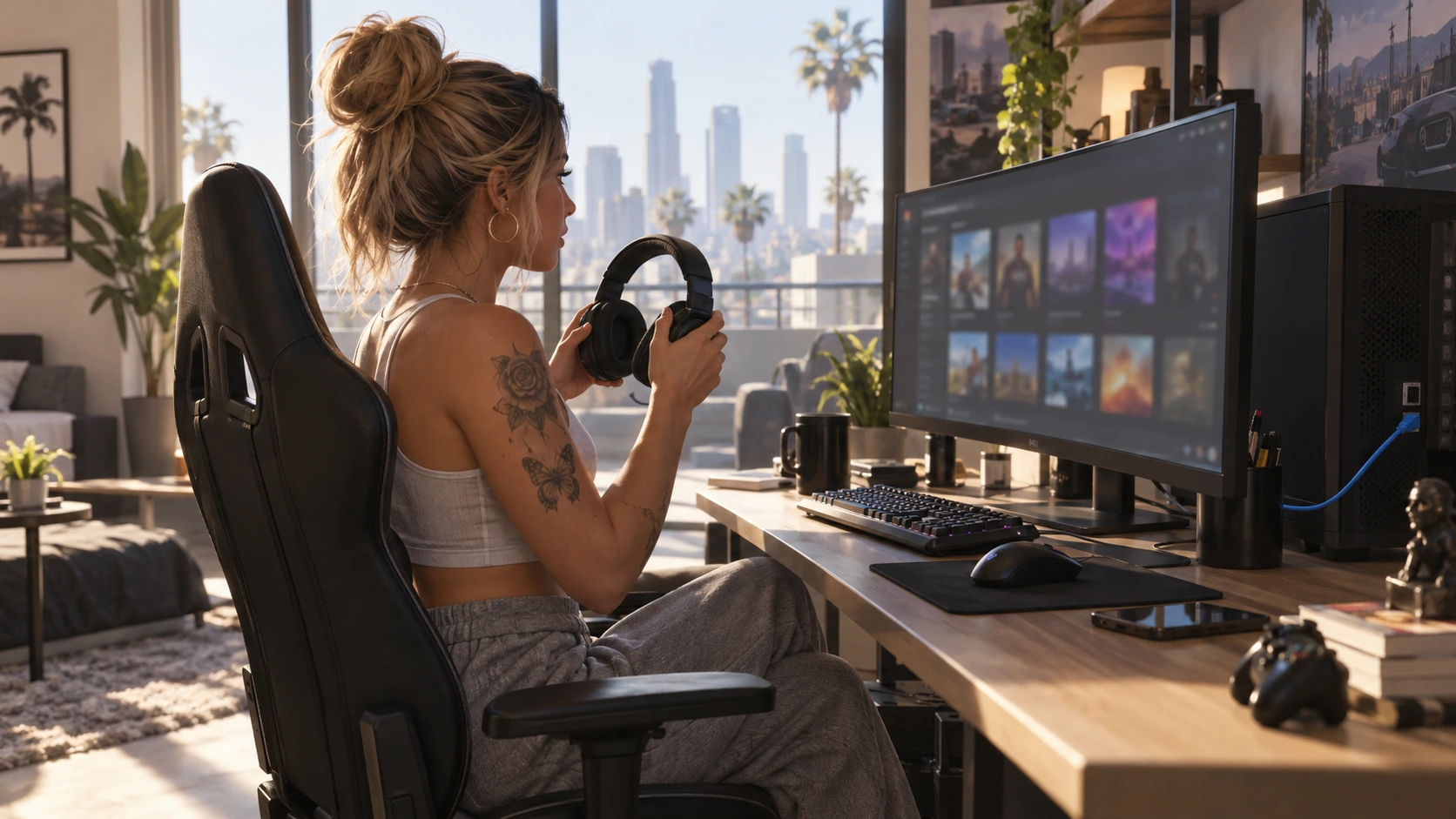 Een speelster zet haar headset klaar bij de gamebibliotheek op haar computer