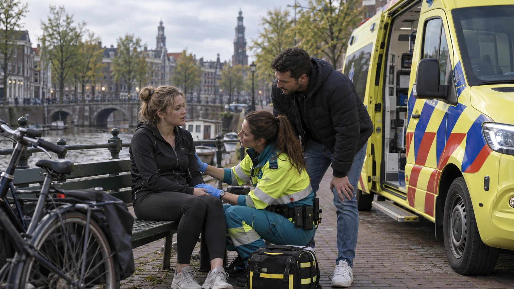 Een ambulanceverpleegkundige helpt een fietsster naast een ambulance aan de kade