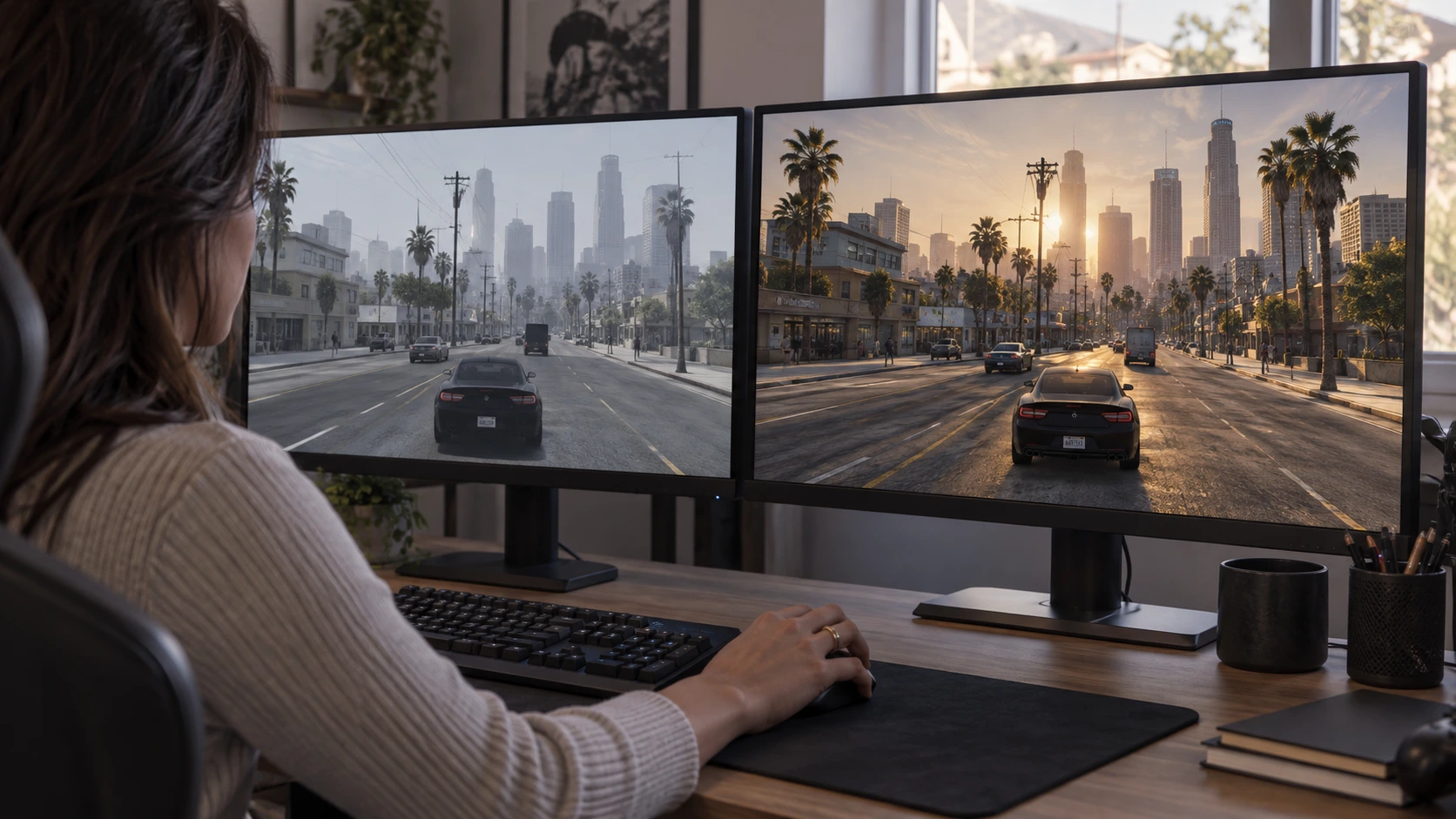 Een speler vergelijkt twee gamebeelden op monitoren aan een computerbureau