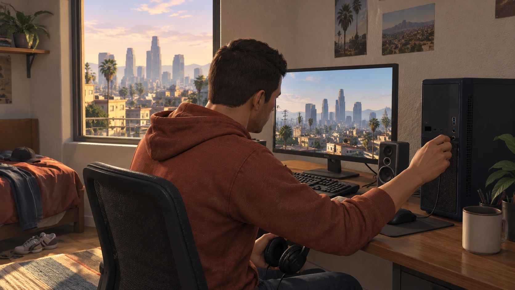 Een speler sluit zijn headset aan op zijn computer