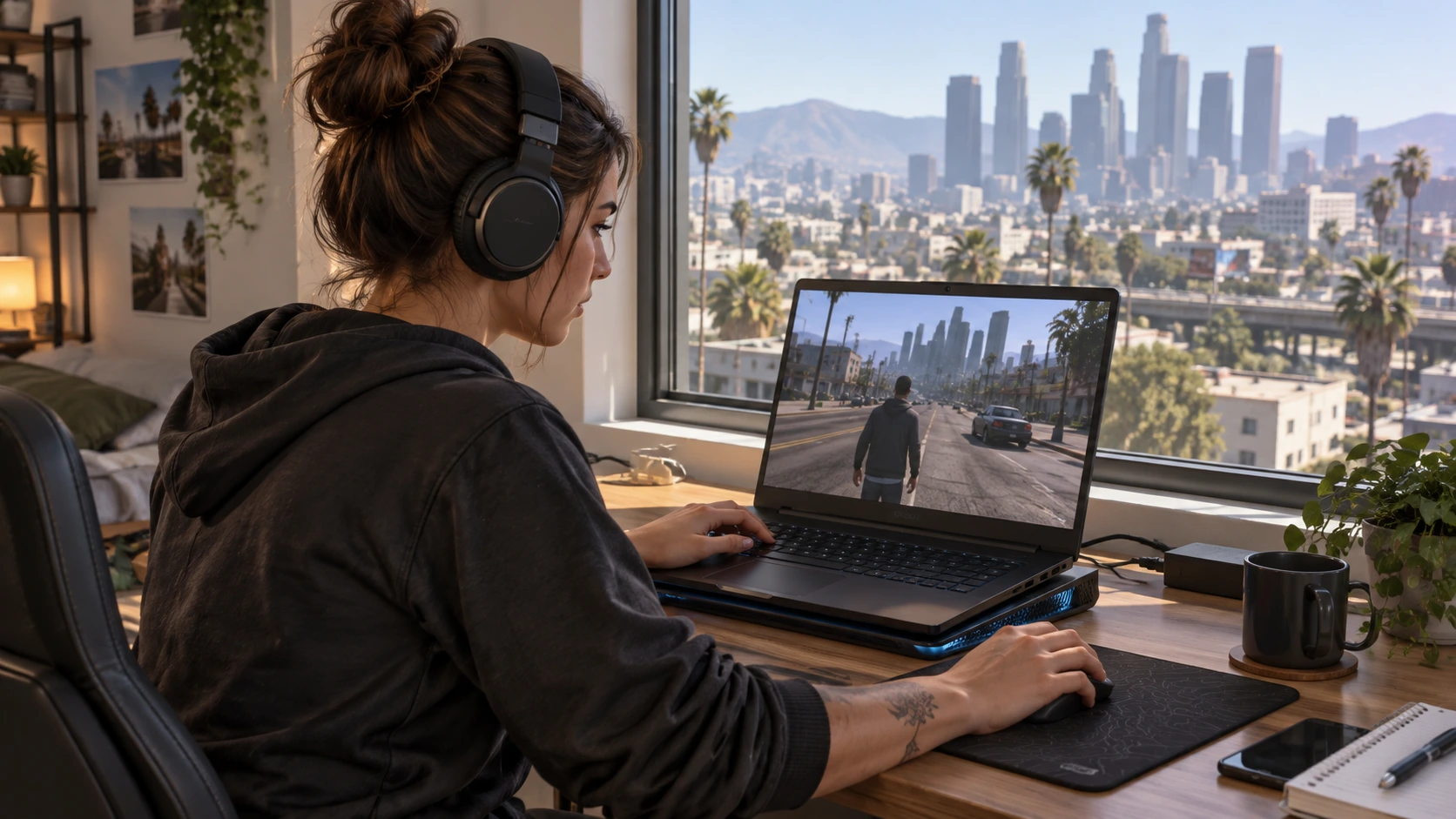 Een speelster gebruikt een aangesloten gaminglaptop op een geventileerde standaard