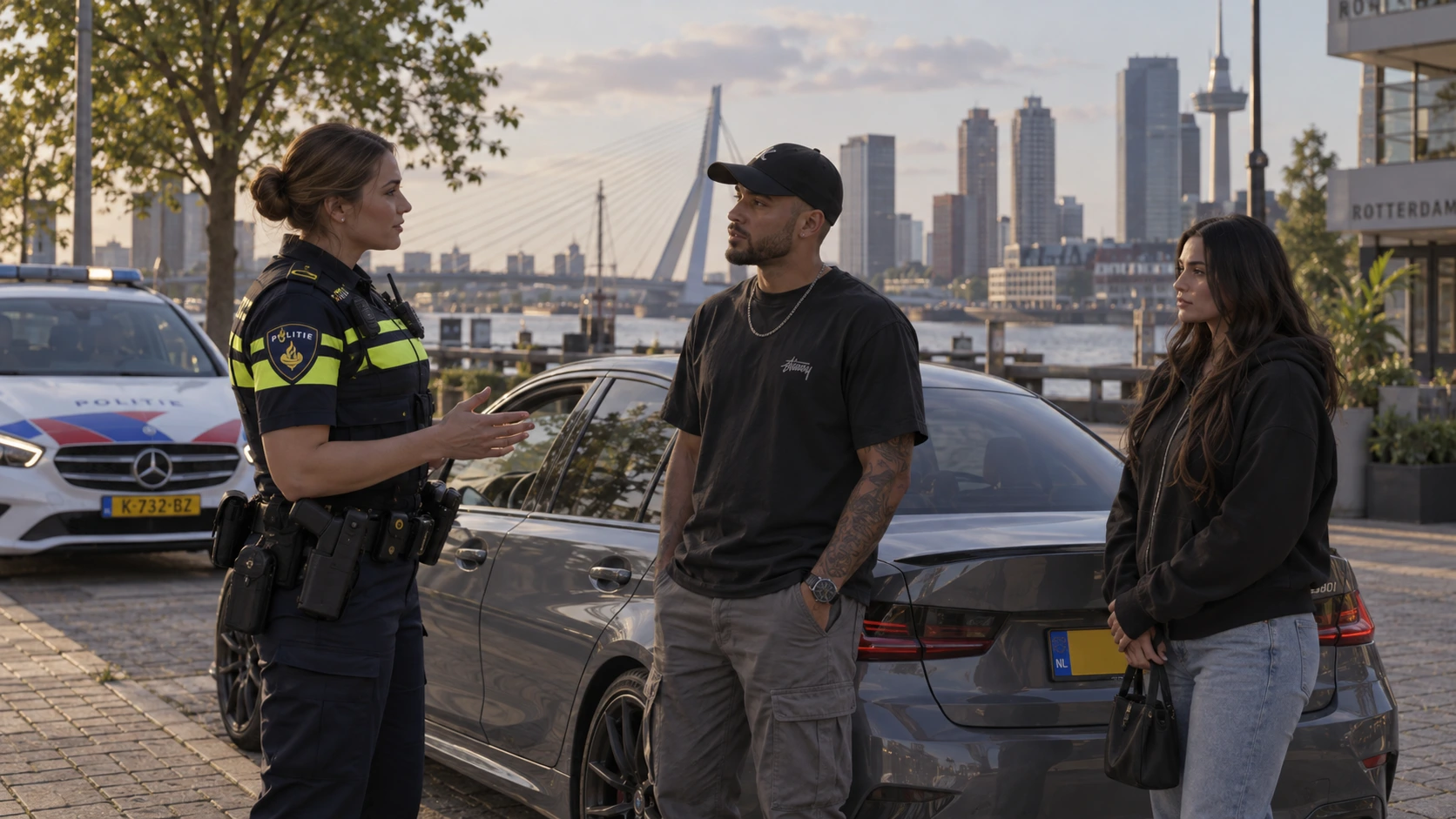 Een politieagente spreekt rustig met een bestuurder en zijn passagier