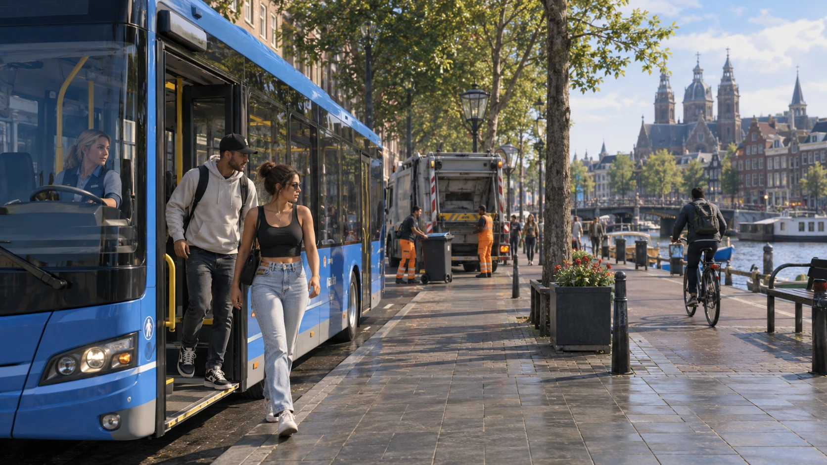 Een buschauffeuse en nieuwe inwoners bij een bus aan een Nederlandse stadskade