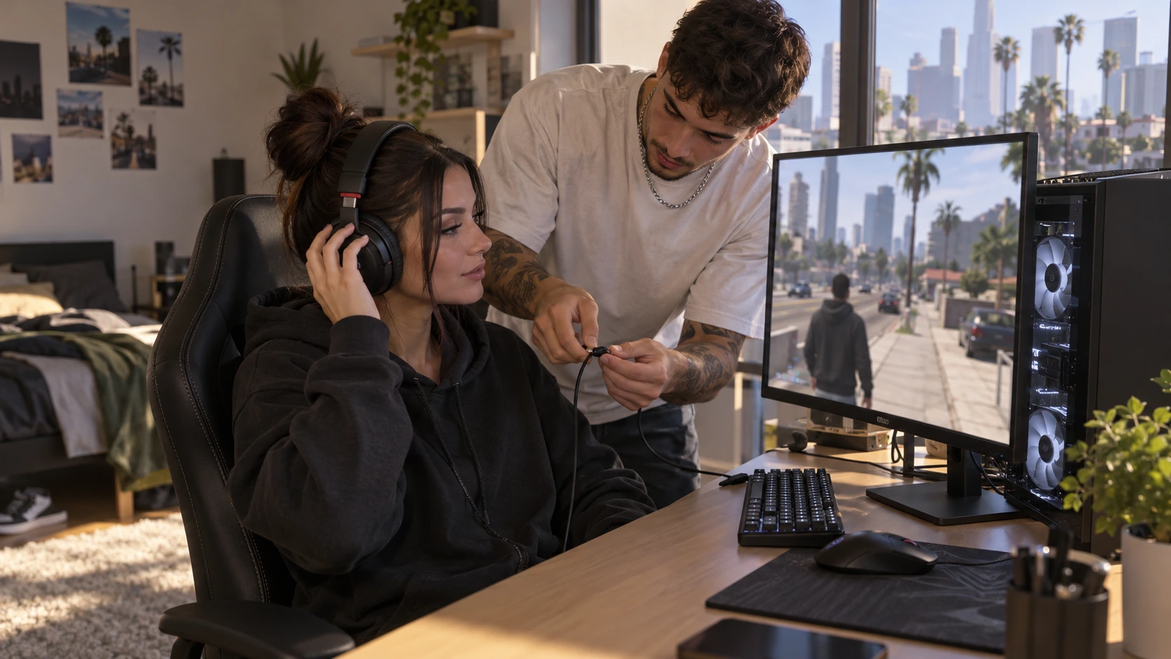 Twee spelers zetten een desktopcomputer en headset klaar