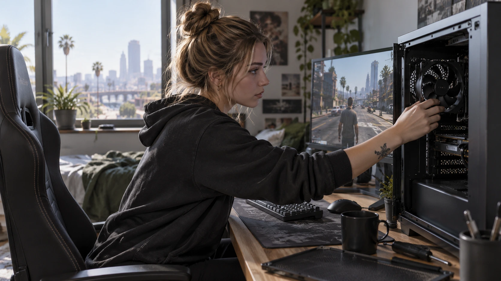 Een speelster controleert de koeling bij haar desktopcomputer