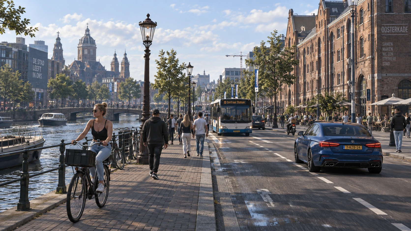 Een levendige stadslaan met bus, fietser en voetgangers langs het water