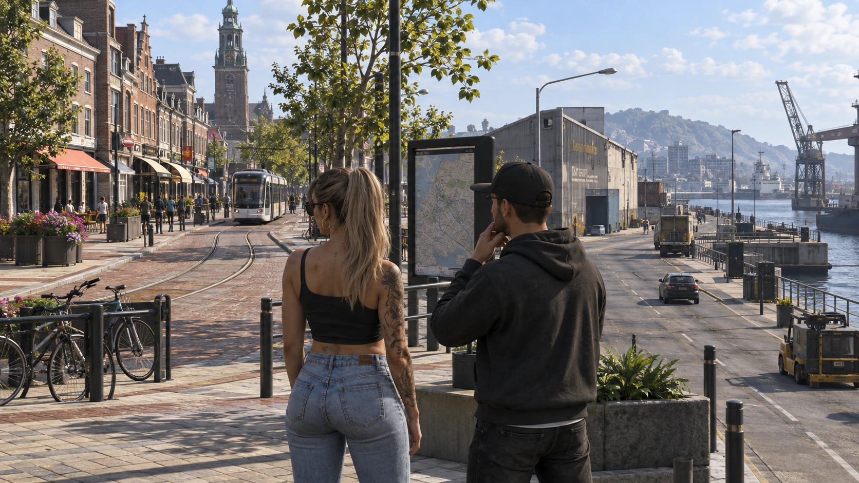 Twee inwoners bekijken de straten rond een stadsplein met tramsporen