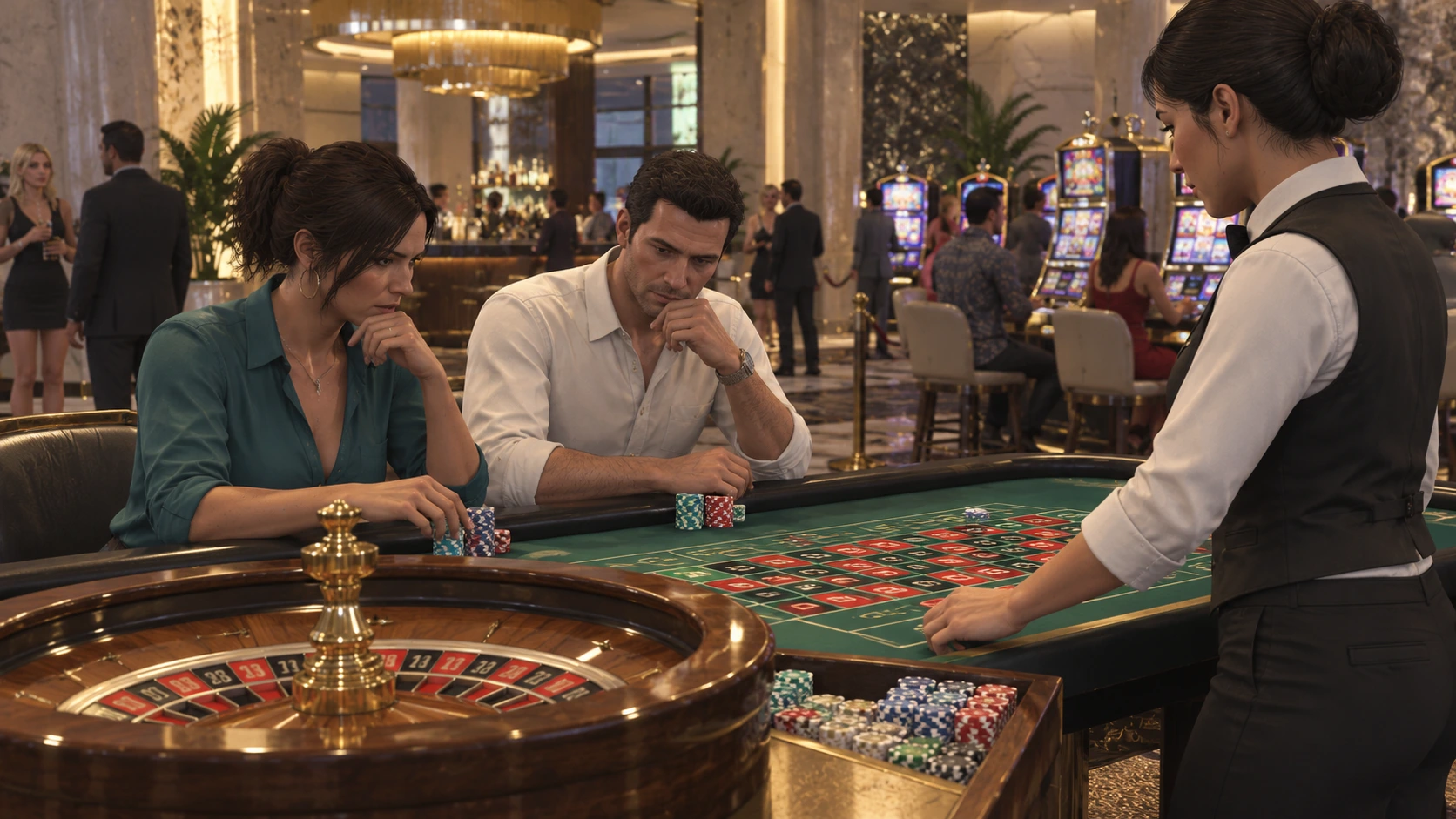 Spelers aan een roulettetafel in het casino
