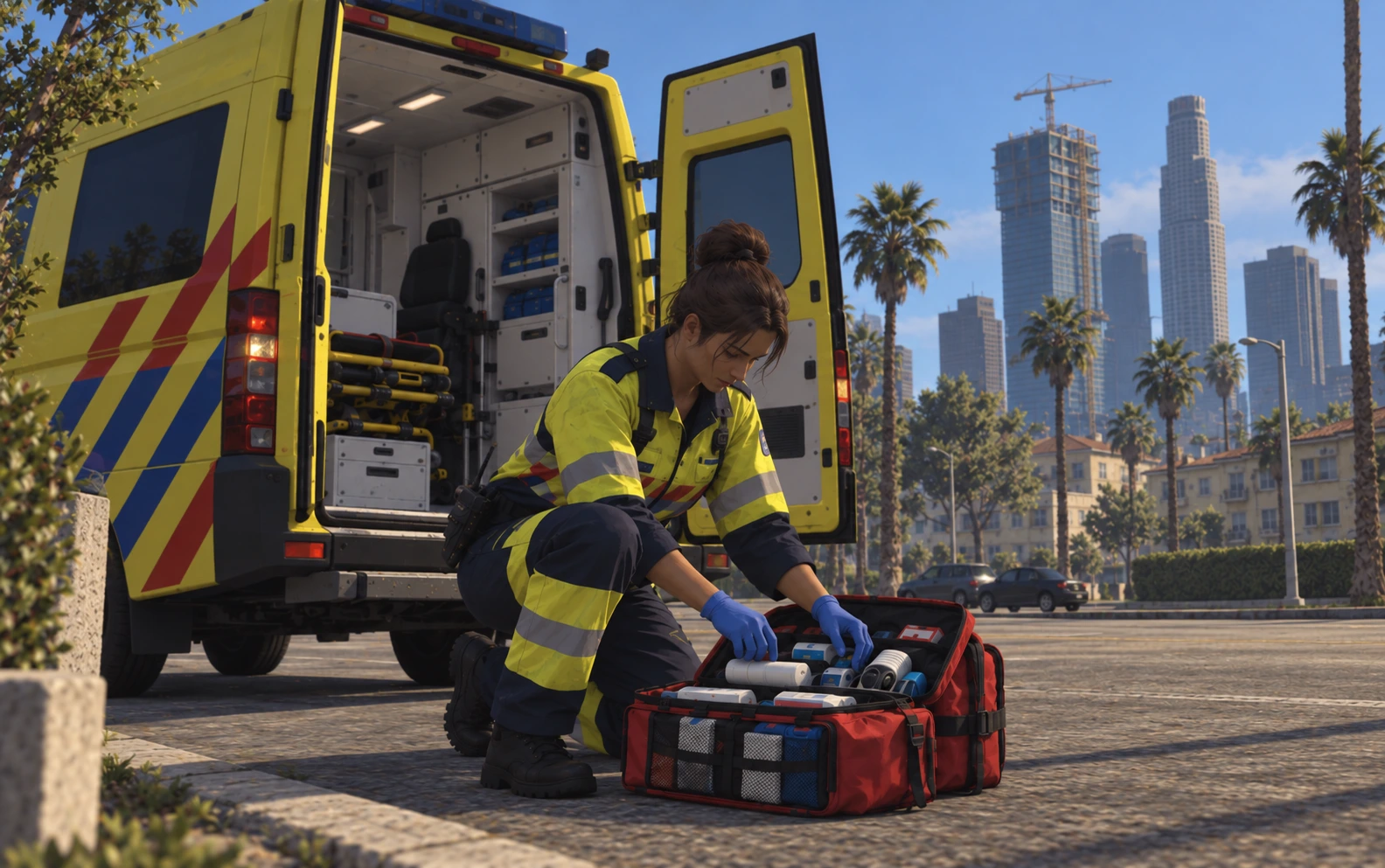 Spelvisual van een ambulancemedewerker die een medische tas controleert