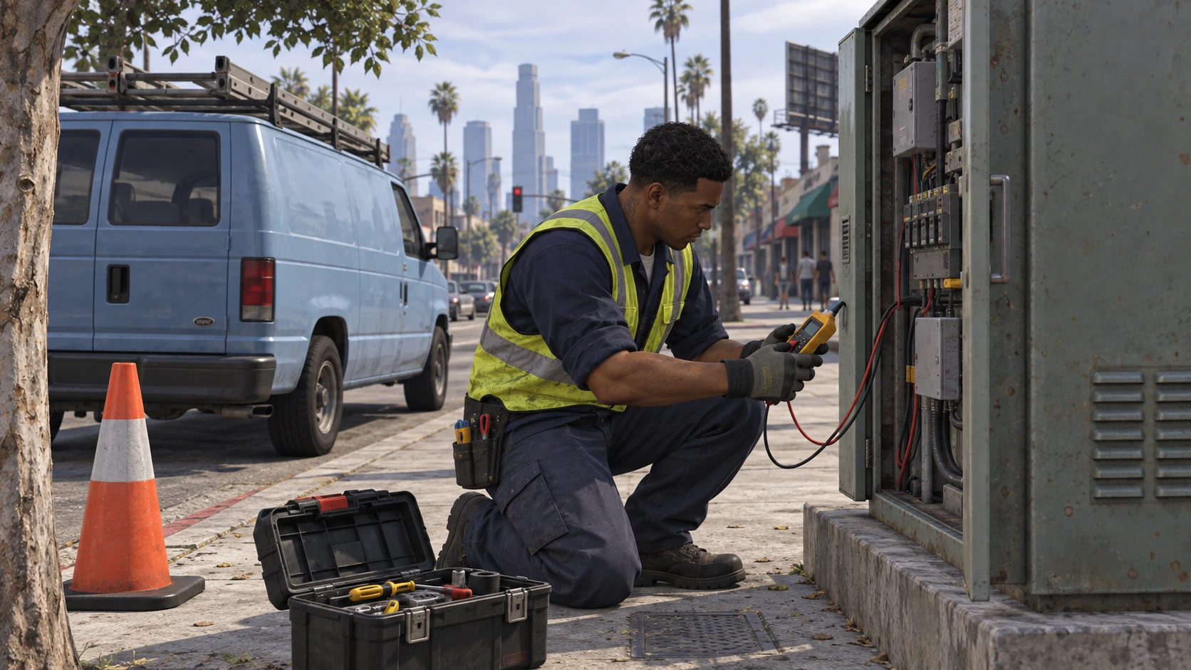 Een elektromonteur controleert een straatkast naast zijn werkbus