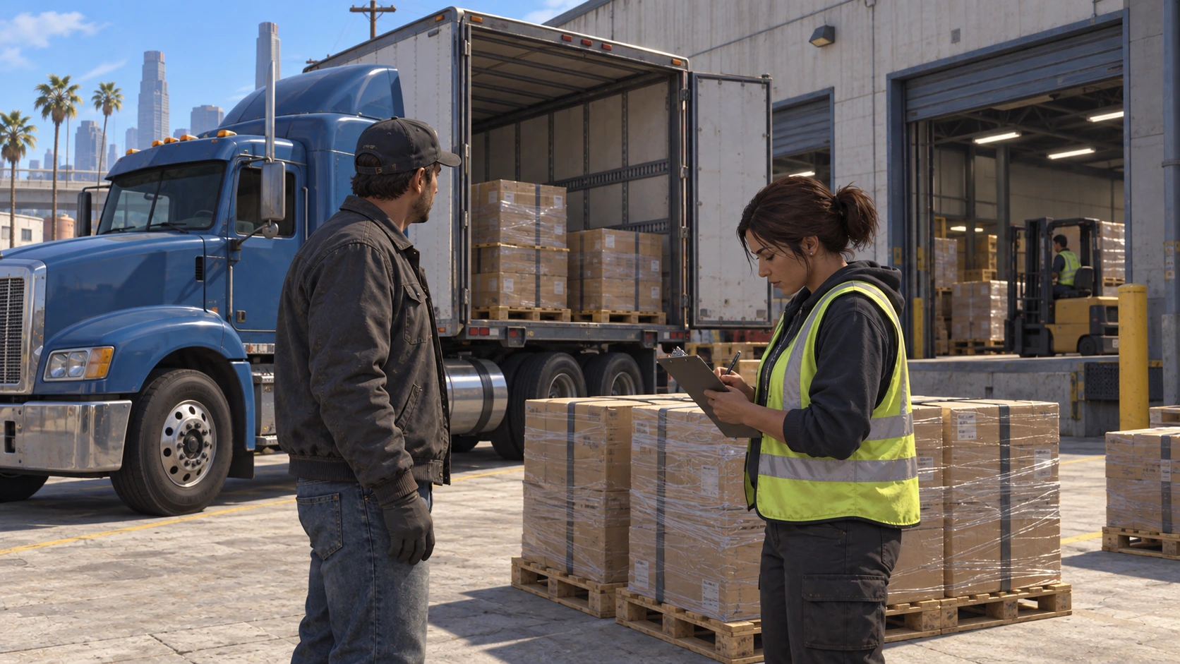 Een chauffeur en magazijnmedewerkster bij pallets en een open vrachtwagen in het depot